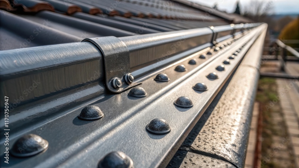Fototapeta premium A macro shot of the riveted joint on a metal gutter showcasing the craftsmanship involved in creating durable connections. The intricate details of the raised rivets contrast with