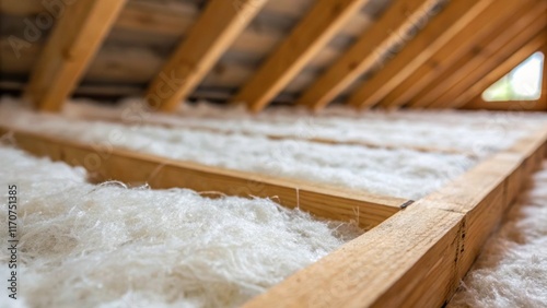 A macro view of the fiberglass material itself showcasing the delicate soft strands that make up the insulation. The image focuses on the intricate webbing of fibers that create an photo