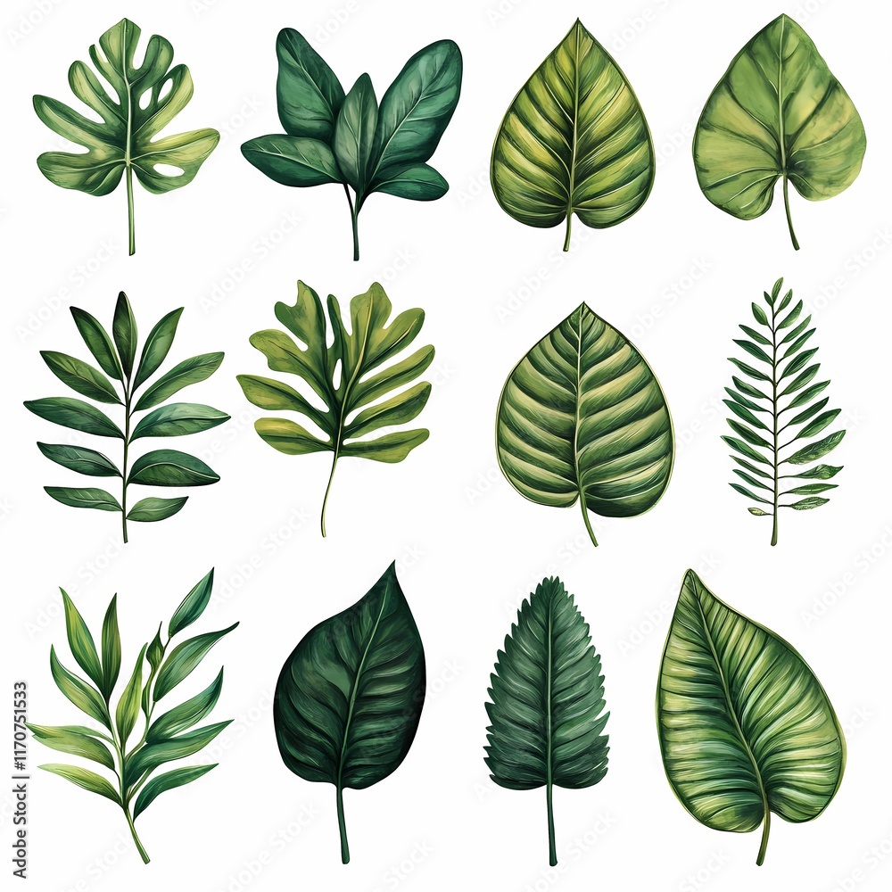 Collection of various green leaves arranged artistically on a white background showcasing natural patterns and textures. Generative AI Collection of various green leaves arranged artistically on a white background showcasing natural patterns and textures. Generative AI