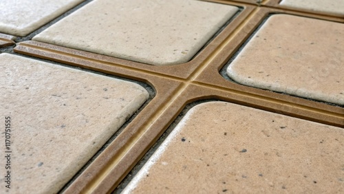 An abstract view of the intersection where four tiles meet revealing the crossshaped tile spacer amidst the newly set grout. This closeup emphasizes the geometric harmony of the photo