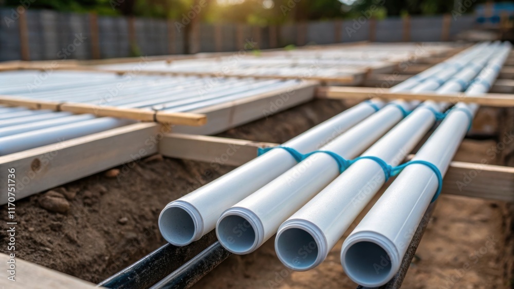 An angled view capturing PVC pipes arranged in a framework with one pipe slightly elevated to demonstrate the slope needed for effective drainage. The background is blurred An angled view capturing PVC pipes arranged in a framework with one pipe slightly elevated to demonstrate the slope needed for effective drainage. The background is blurred