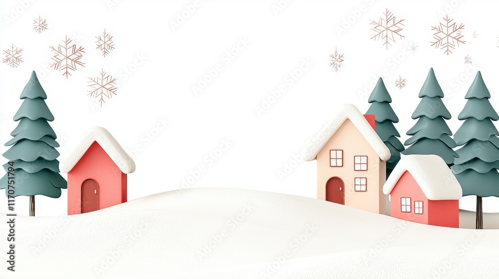 Naklejka premium Winter Wonderland Scene with Cartoon Houses, Snowy Landscape, and Evergreen Trees in a Minimalist Style
