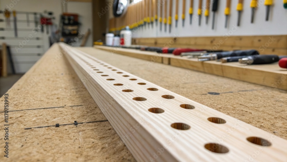 A narrow view captures a row of predrilled holes along the length of a laminated beam with each hole exhibiting precision symmetry. The background reveals tools arranged neatly A narrow view captures a row of predrilled holes along the length of a laminated beam with each hole exhibiting precision symmetry. The background reveals tools arranged neatly