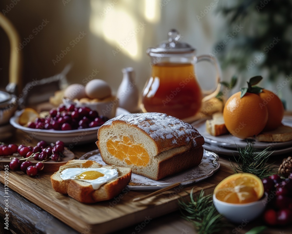 A cozy breakfast scene with a loaf of sweet mandarin bread, fresh fruits, and tea on a rustic table. A cozy breakfast scene with a loaf of sweet mandarin bread, fresh fruits, and tea on a rustic table.