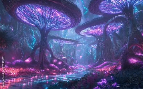 Side view of a futuristic city merging with enchanted forests, bathed in radiant, innovative lighting photo