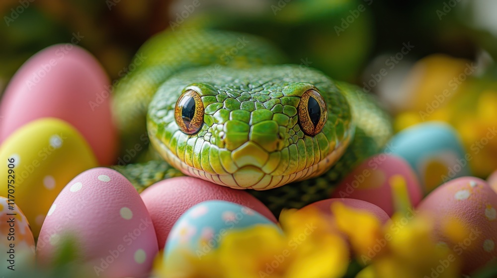 Fototapeta premium Colorful spring celebration featuring a vibrant green snake resting among pastel eggs and blooming flowers. Generative AI
