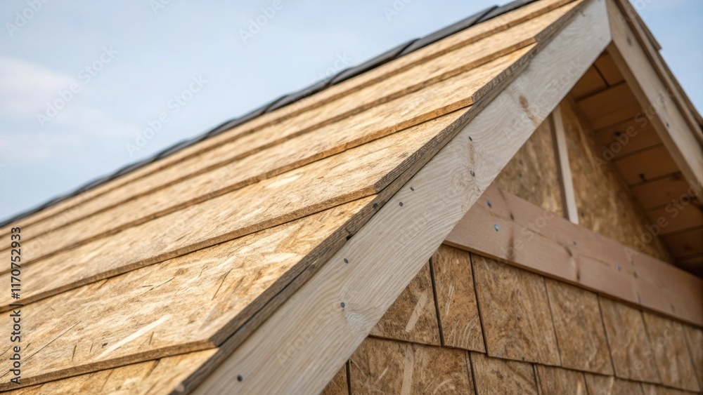 An image showcasing the edges of OSB panels jutting out slightly from the main roof structure revealing the rough finished details. The raw edges suggest a sense of authenticity An image showcasing the edges of OSB panels jutting out slightly from the main roof structure revealing the rough finished details. The raw edges suggest a sense of authenticity