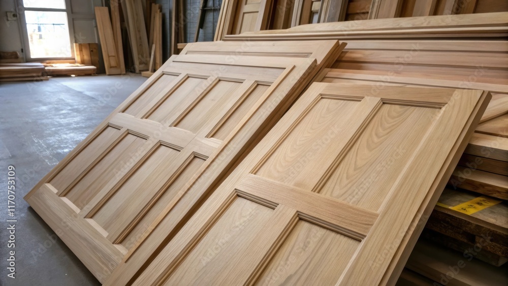 An intimate shot capturing the unfinished look of stacked sanded wooden doors each one slightly askew the textures speaking to the restoration process as light filters in from an An intimate shot capturing the unfinished look of stacked sanded wooden doors each one slightly askew the textures speaking to the restoration process as light filters in from an