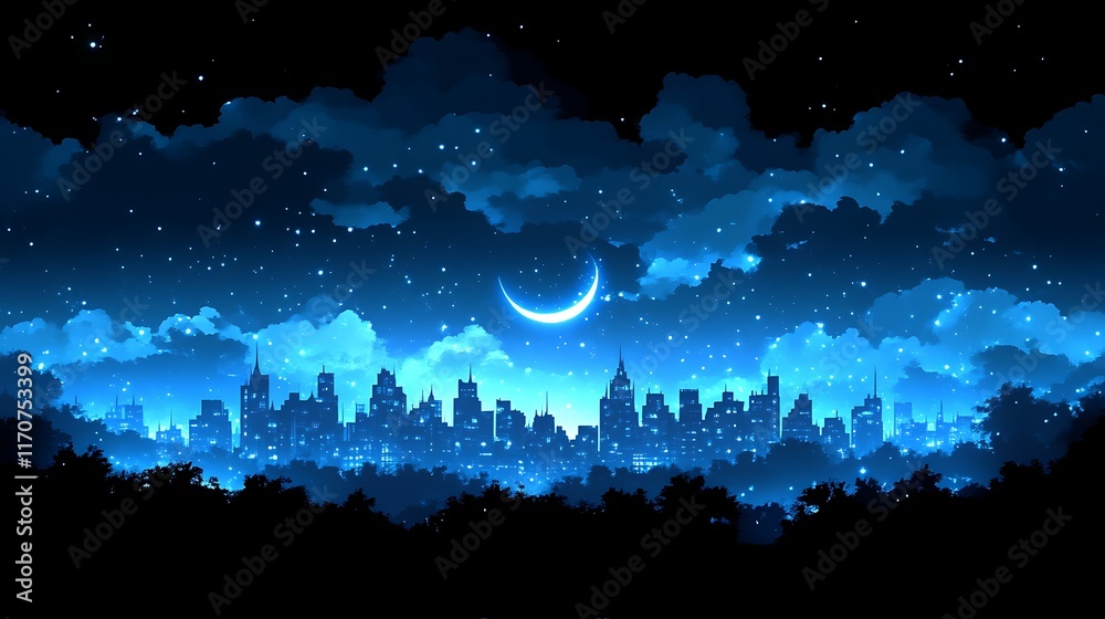 Fototapeta premium Crescent moon over a city skyline at night.