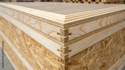 An intricate closeup where the edge of a crosslaminated timber panel reveals its layered composition demonstrating the engineered design. The smooth finish contrasts against the photo