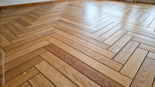 An overhead angle showcases the geometric layout of the engineered hardwood planks revealing their alignment and spacing. The uniformity and consistency of the installation create