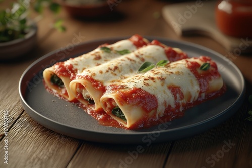 Delicious vegetarian cannelloni stuffed with spinach and cheese, topped with rich tomato sauce.