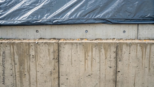 An overhead shot focusing on the top edge of the concrete wall where the tarp meets the raw material. Moisture gathers where the two materials converge highlighting the curing