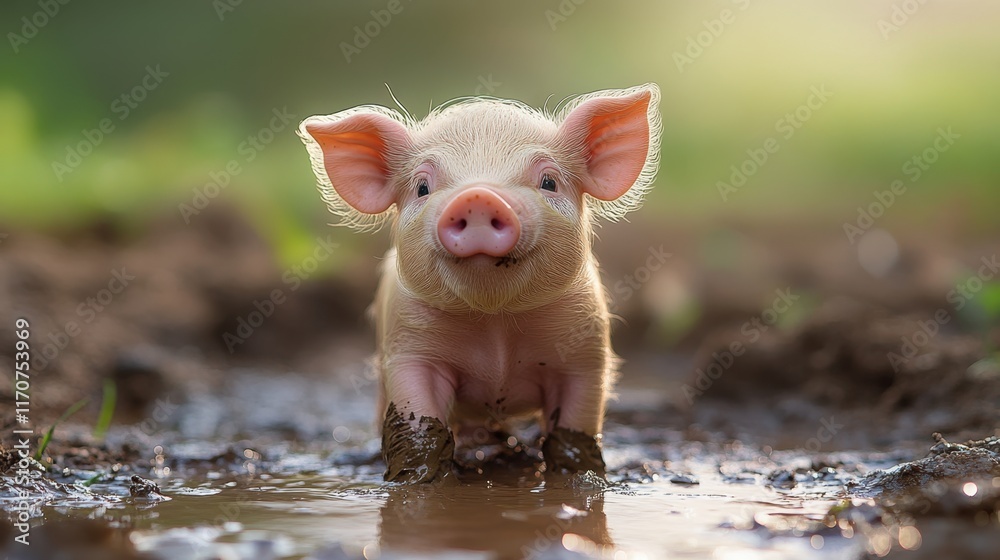 Charming little piglet wades playfully through a muddy puddle in a sunlit farm field. Generative AI Charming little piglet wades playfully through a muddy puddle in a sunlit farm field. Generative AI