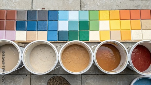 An overhead view of several colorcoded buckets of premixed grout lined up in a neat row showcasing a variety of shades. The backdrop features partially laid tiles hinting at the photo