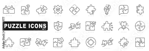 Set of puzzle related line icons. Jigsaw, idea, solution etc. Editable stroke. Set 3