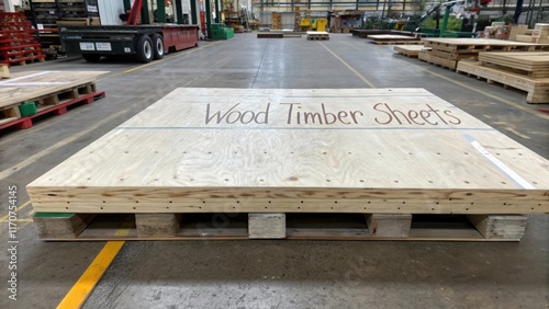 A of crosslaminated timber sheets on an industrial pallet with visible markings and annotations in chalk. This scene captures the essence of craftsmanship within a busy warehouse photo