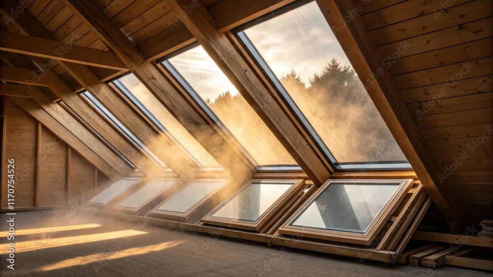 Obraz premium A series of skylight panels some stacked and some leaning creates an artful arrangement against the backdrop of co wooden beams. Dust motes dance in the golden sunlight filtering