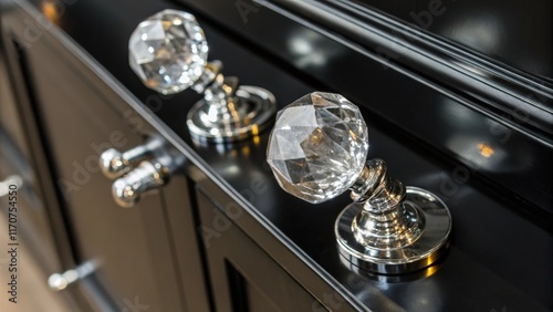 A set of crystal door handles glimmering in the soft light rests on a sleek black surface. Their transparency and refractivity create a sense of elegance and sophistication photo