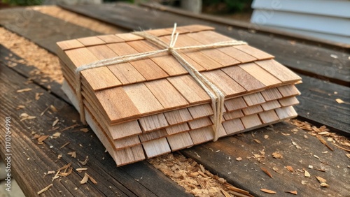 A tightly bundled set of cedar shingles tied with twine resting on a weathered wooden surface. The edges of the shingles show slight imperfections hinting at their authenticity