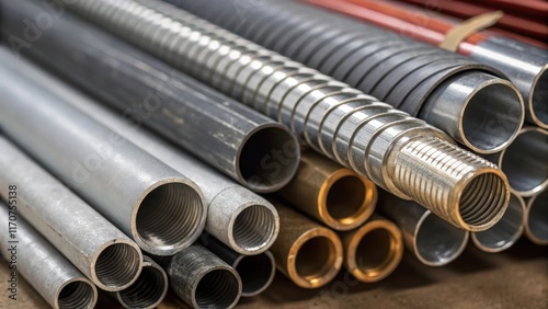 A tightly focused image capturing the ends of various electrical conduit tubes showing their edges where theyve been precision sheared. The fine details reveal the contrasting