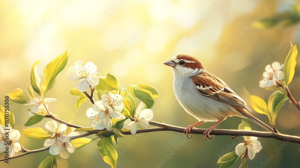 Sparrow Perched Amid Spring Blossoms Sparrow Perched Amid Spring Blossoms