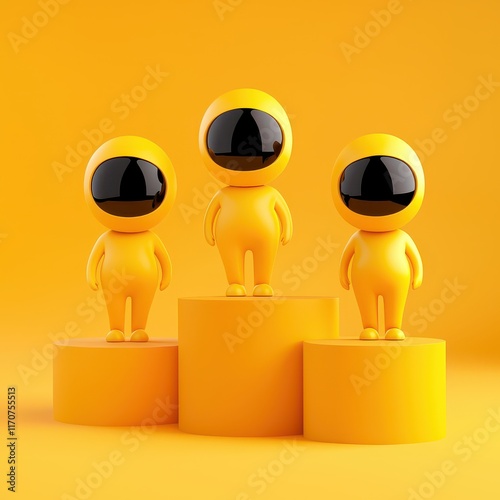 Three playful yellow figures with shiny black helmets on a vibrant yellow background. photo