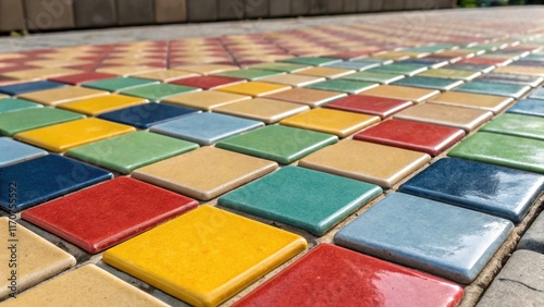 A vibrant mix of tiles with the camera angled to showcase the illusion of depth created by the threedimensional nature of the tiles resting on a base of neatly organized tile photo