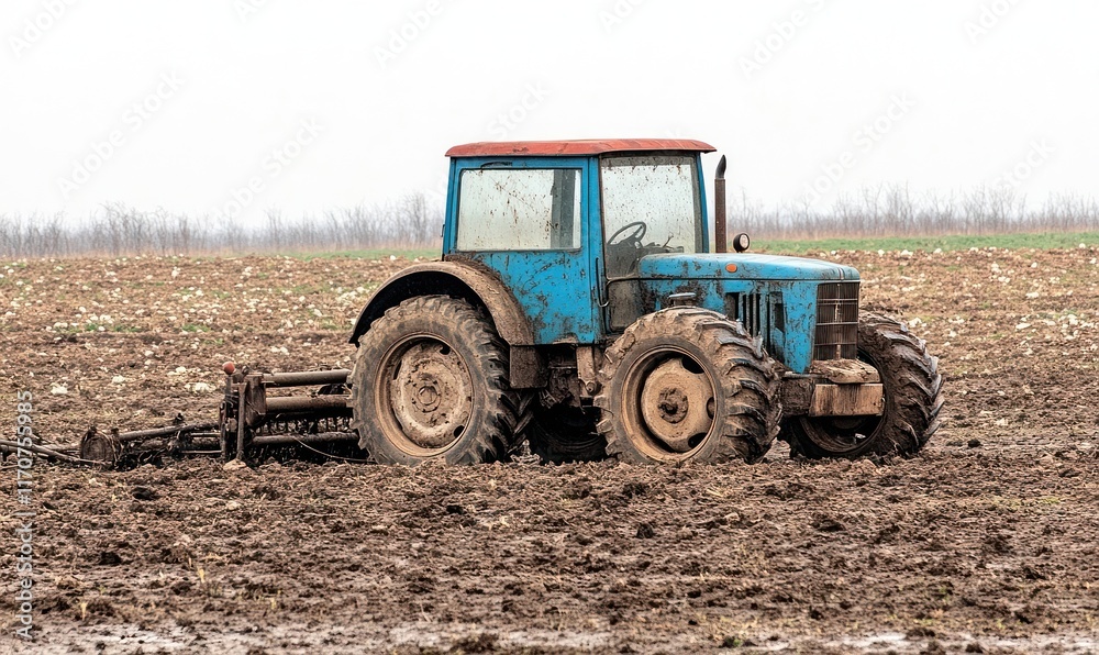 Muddy blue tractor plowing field, overcast Muddy blue tractor plowing field, overcast