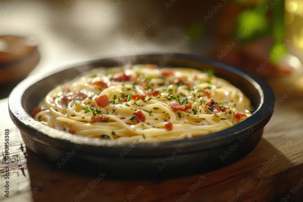 Delicious steaming pasta with crispy bacon and herbs served in a rustic dish. Delicious steaming pasta with crispy bacon and herbs served in a rustic dish.