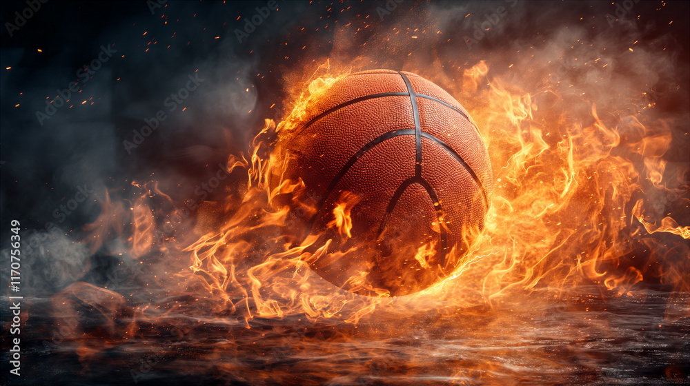 Dynamic basketball ball with fire flames and smoke, abstract sport background. Generative AI Dynamic basketball ball with fire flames and smoke, abstract sport background. Generative AI