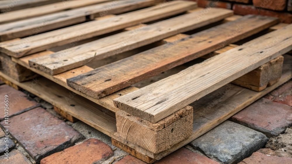 Detailed shot capturing the grains of wood from the pallet aged and worn from years of use. The juxtaposition of the sy wooden slats against the raw unrefined bricks emphasizes the Detailed shot capturing the grains of wood from the pallet aged and worn from years of use. The juxtaposition of the sy wooden slats against the raw unrefined bricks emphasizes the