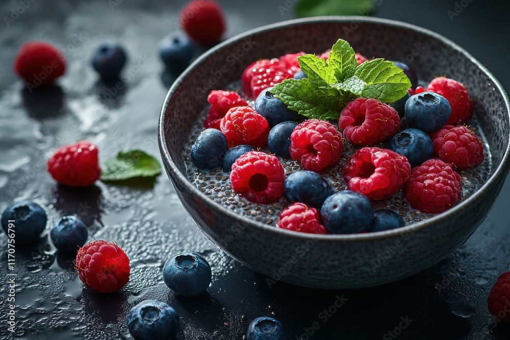 A bowl of chia pudding topped with fresh raspberries and blueberries, garnished with mint leaves. A bowl of chia pudding topped with fresh raspberries and blueberries, garnished with mint leaves.