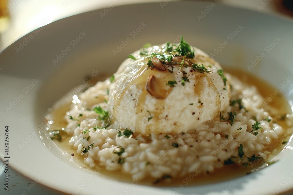Tantalizing white risotto topped with creamy cheese and drizzled with golden sauce, garnished with herbs.