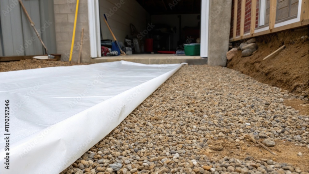 Obraz premium The bright white vapor barrier contrasts sharply against the earthtoned gravel of the crawl space entrance with a few tered tools and debris in the background that hint at ongoing