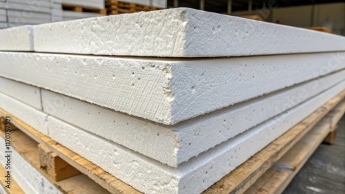 Surface Imperfections A closeup emphasizing the imperfections and surface details of the rigid foam insulation panels such as small dents and scratches. These minor flaws tell the
