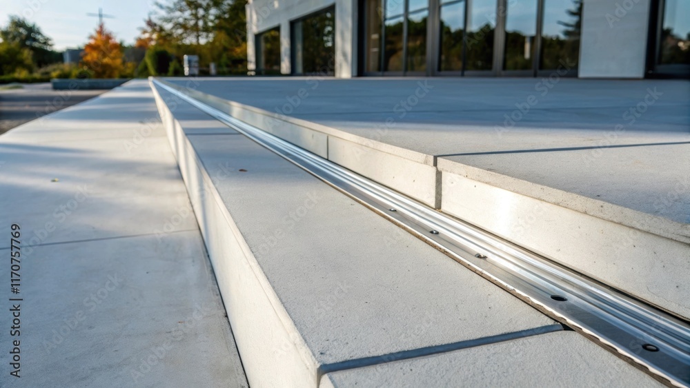 Fototapeta premium The image captures a pristine edge of a concrete foundation with gleaming metal expansion joint strips seamlessly integrated. Sunlight casts subtle shadows drawing attention to the