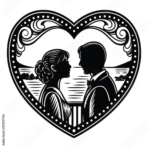 A romantic cameo silhouette of a couple in profile, gazing into each other’s eyes, surrounded by a heart-shaped vintage frame