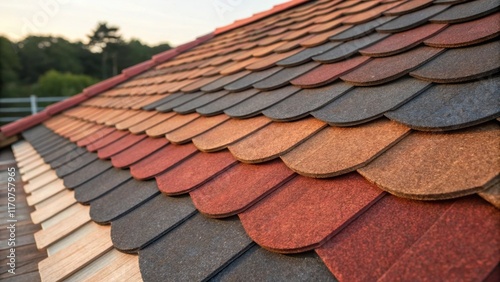 The photograph captures an assortment of shingles piled neatly on a weathered roof each piece overlapping delicately. Soft shadows play across the surface as the late afternoon