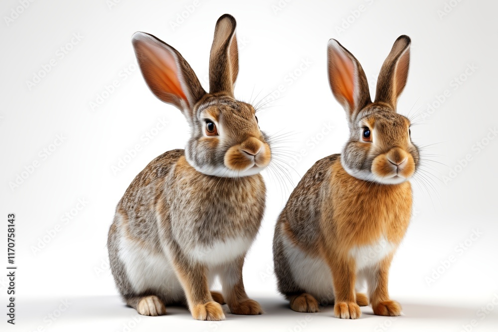 two rabbits are sitting side by side on a white surface