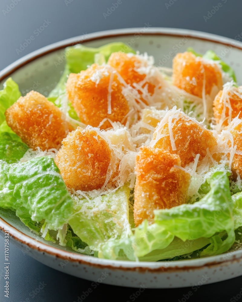A close-up of a vibrant salad featuring crisp lettuce, golden croutons, and grated cheese. A close-up of a vibrant salad featuring crisp lettuce, golden croutons, and grated cheese.