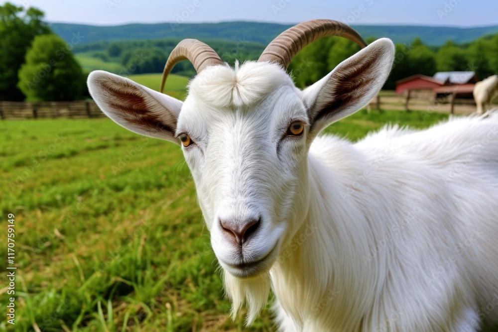 there is a goat with horns standing in a field of grass there is a goat with horns standing in a field of grass