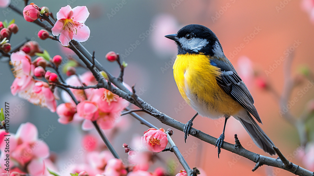 Obraz premium Bird is perched on a branch of a pink flower. The bird is surrounded by snow, which gives the image a wintery feel