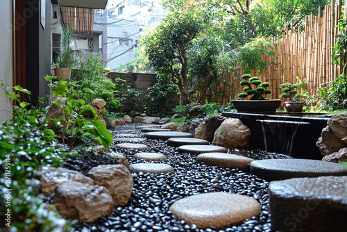 Tranquil Japanese garden path with stepping stones and small waterfall. photo