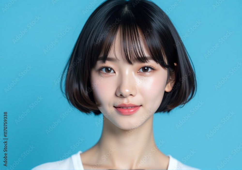 Asian woman with wavy bob hair and flawless skin, wearing subtle makeup, posing confidently in a clean studio setting with a vibrant blue background Asian woman with wavy bob hair and flawless skin, wearing subtle makeup, posing confidently in a clean studio setting with a vibrant blue background