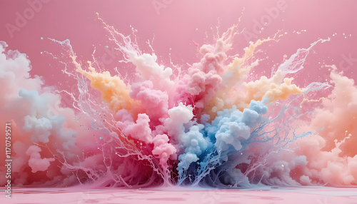 Colorful explosion of smoke and dust in pink background for abstract concept
