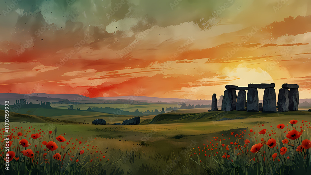 Fototapeta premium An abstract illustration of England's countryside, blending rolling green hills, vibrant red poppies, and a silhouette of Stonehenge under a golden sunset sky, with soft watercolor textures.
