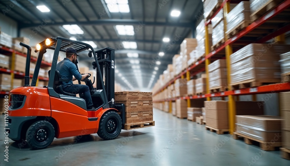 Forklift operator working in a warehouse for delivery and logistics transportation Forklift operator working in a warehouse for delivery and logistics transportation