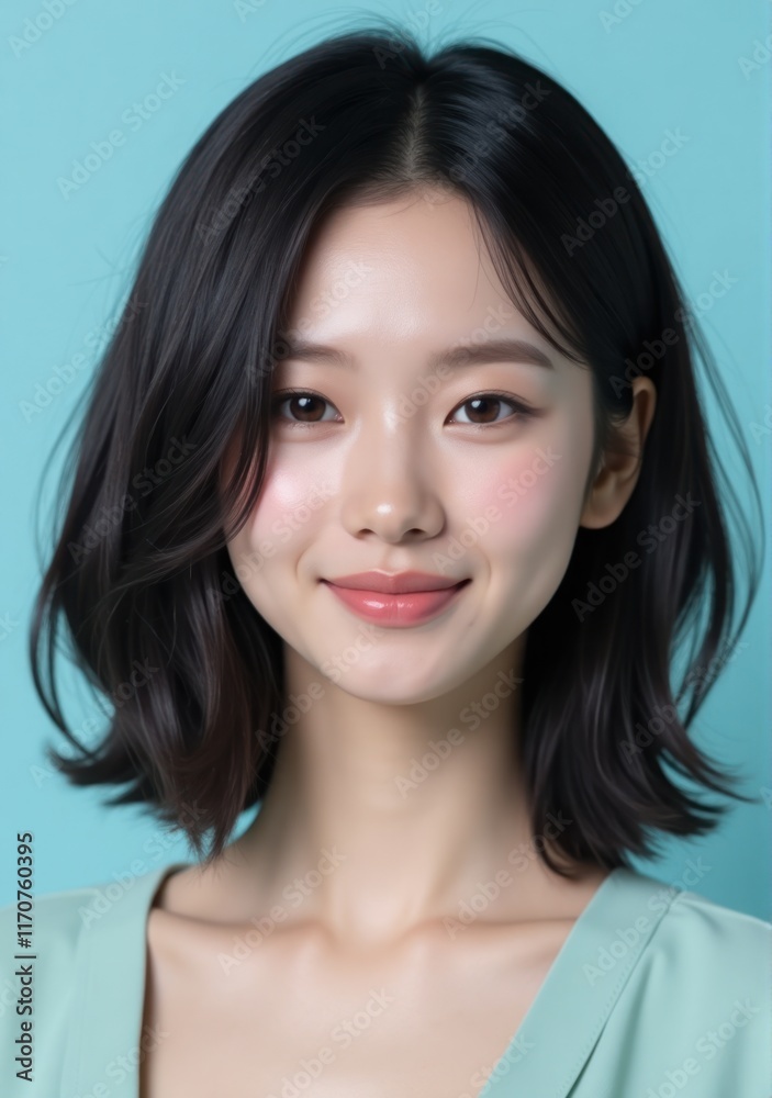 Modern beauty portrait of an Asian woman with a dark wavy bob hairstyle, smooth radiant skin, and neutral makeup, standing against a serene blue studio background Modern beauty portrait of an Asian woman with a dark wavy bob hairstyle, smooth radiant skin, and neutral makeup, standing against a serene blue studio background