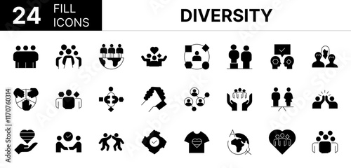 Collection of 24 diversity file icons featuring editable strokes. These outline icons depict various modes of diversity, oneness, variety, equality, inclusion, respect, tolerance, vector, acceptance, 